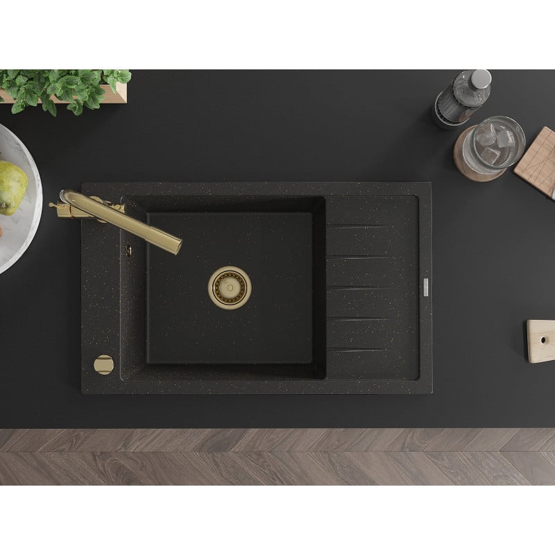 Mexen Elias Granitspüle, 1-Becken mit Abtropffläche und Küchenarmatur Duero, schwarz/gold Metallic - 6511-75-671600-50
