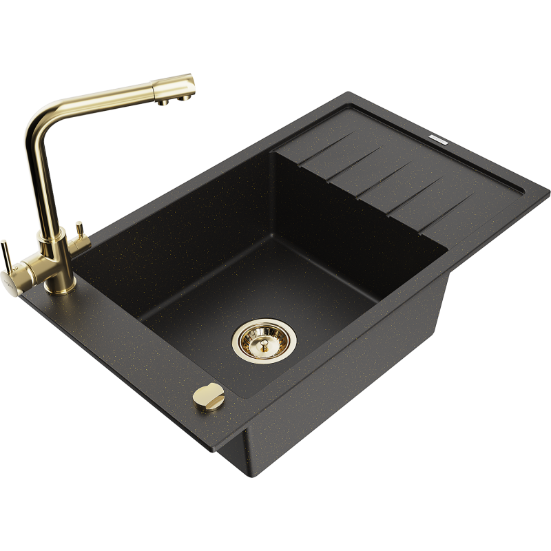 Mexen Elias Granitspüle, 1-Becken mit Abtropffläche und Küchenarmatur Duero, schwarz/gold Metallic - 6511-75-671600-50