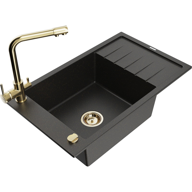 Mexen Elias granitspüle 1-beckig mit abtropffläche und küchenarmatur Duero, schwarz/gold metallic - 6511-75-671600-50