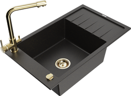 Mexen Elias Granitspüle, 1-Becken mit Abtropffläche und Küchenarmatur Duero, schwarz/gold Metallic - 6511-75-671600-50