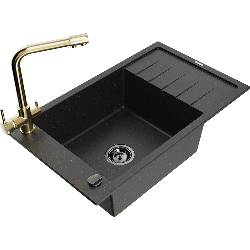 Mexen Elias Granitspüle 1-Becken mit Abtropffläche und Küchenarmatur Duero, schwarz/gold metallic - 6511-75-671600-50-B