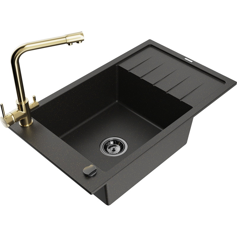 Mexen Elias Granitspüle, 1-beckig, mit Abtropffläche und Küchenarmatur Duero, schwarz/goldenes Metallic - 6511-75-671600-50-B