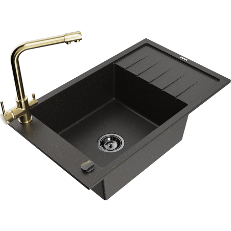Mexen Elias Granitspüle 1-Becken mit Abtropffläche und Küchenarmatur Duero, schwarz/gold metallic - 6511-75-671600-50-B