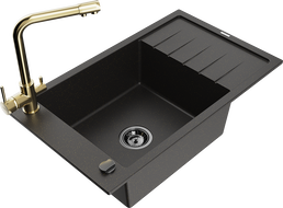Mexen Elias Granitspüle 1-Becken mit Abtropffläche und Küchenarmatur Duero, schwarz/gold metallic - 6511-75-671600-50-B