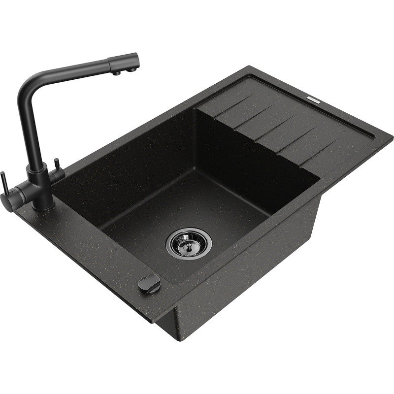 Mexen Elias Granitspüle 1-Becken mit Abtropfbrett und Küchenarmatur Duero, schwarz/goldener Metallic - 6511-75-671600-70-B