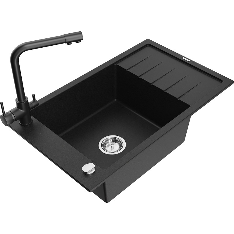 Mexen Elias Granitspüle 1-Becken mit Abtropffläche und Küchenarmatur Duero, schwarz - 6511-77-671600-70