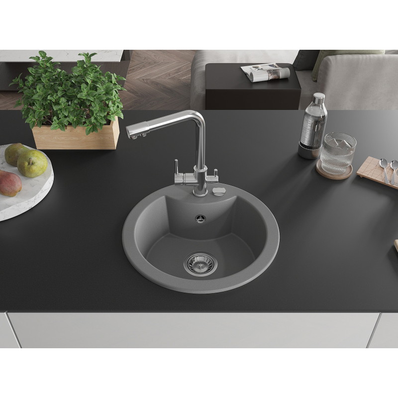 Mexen Diego Granitspüle 1-Becken mit Küchenarmatur Duero, grau - 6512-71-671600-00