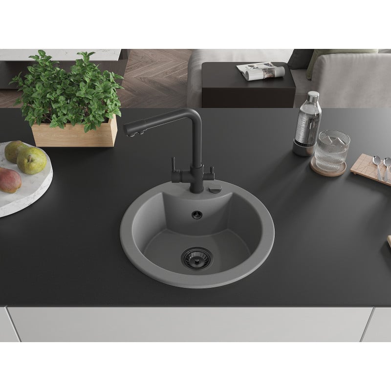 Mexen Diego Granitspüle 1-becken mit Küchenarmatur Duero, grau - 6512-71-671600-70-B