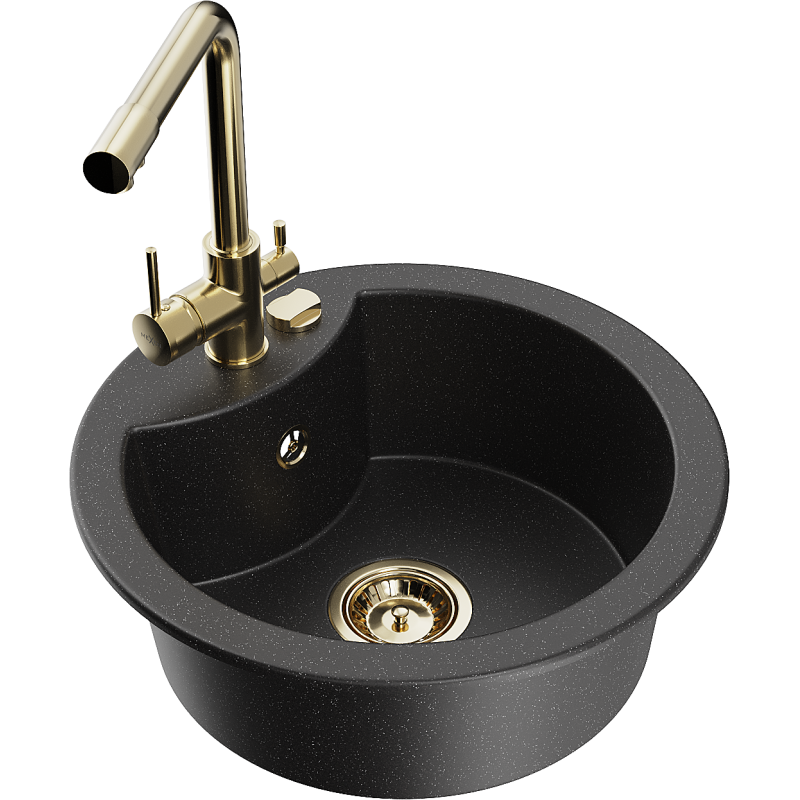 Mexen Diego Granitspüle 1-Becken mit Küchenarmatur Duero, Schwarz/Silber Metallic - 6512-73-671600-50