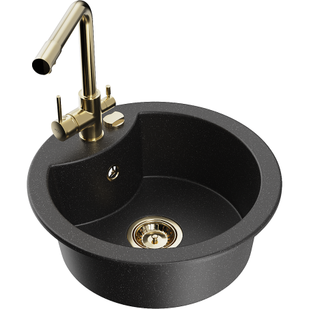 Mexen Diego Granitspüle 1-Becken mit Küchenarmatur Duero, Schwarz/Silber Metallic - 6512-73-671600-50