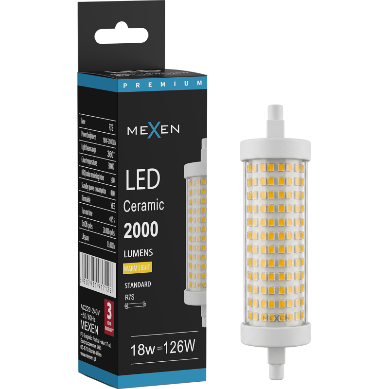 Mexen Vega Dimmbare LED-Lampe R7S, 18W, Warm - 3000K, 2000 lm - L125-R7S-1830-02