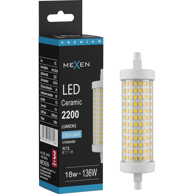 Mexen Vega Dimmbarer LED-Leuchtstab R7S, 18W, Kalt - 6500K, 2200 lm - L125-R7S-1865-02