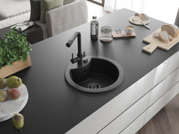 Mexen Diego Granitspüle 1-Becken mit Küchenarmatur Duero, schwarz/silber-metallic - 6512-73-671600-70-B