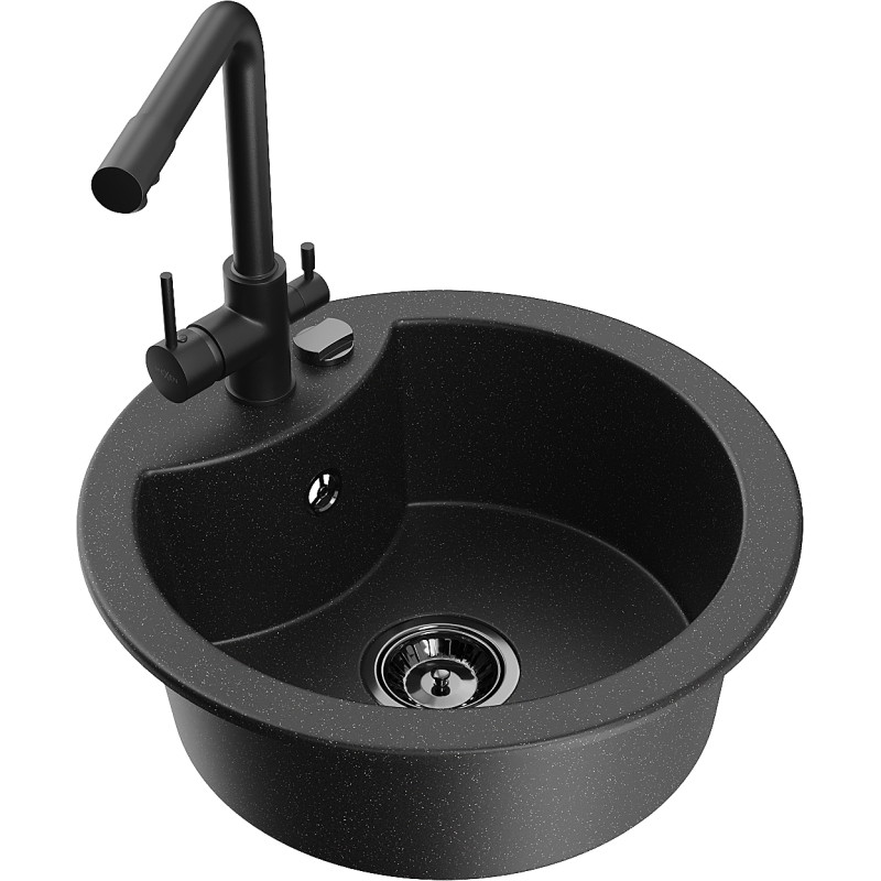 Mexen Diego Granitspüle 1-beckig mit Küchenarmatur Duero, schwarz/silberne Metallic - 6512-73-671600-70-B