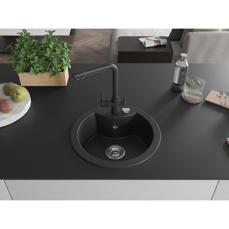 Mexen Diego Granitspüle 1-Kammer mit Küchenarmatur Duero, schwarz/silberner Metallic - 6512-73-671600-70