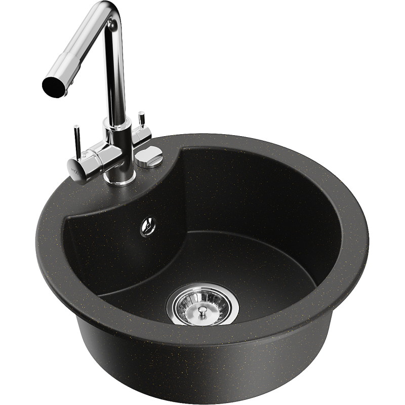 Mexen Diego Granitspüle 1-Becken mit Küchenarmatur Duero, schwarz/goldenes Metallic - 6512-75-671600-00