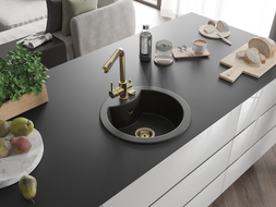 Mexen Diego Granitspüle 1-becken mit Küchenarmatur Duero, schwarz/gold metallic - 6512-75-671600-50