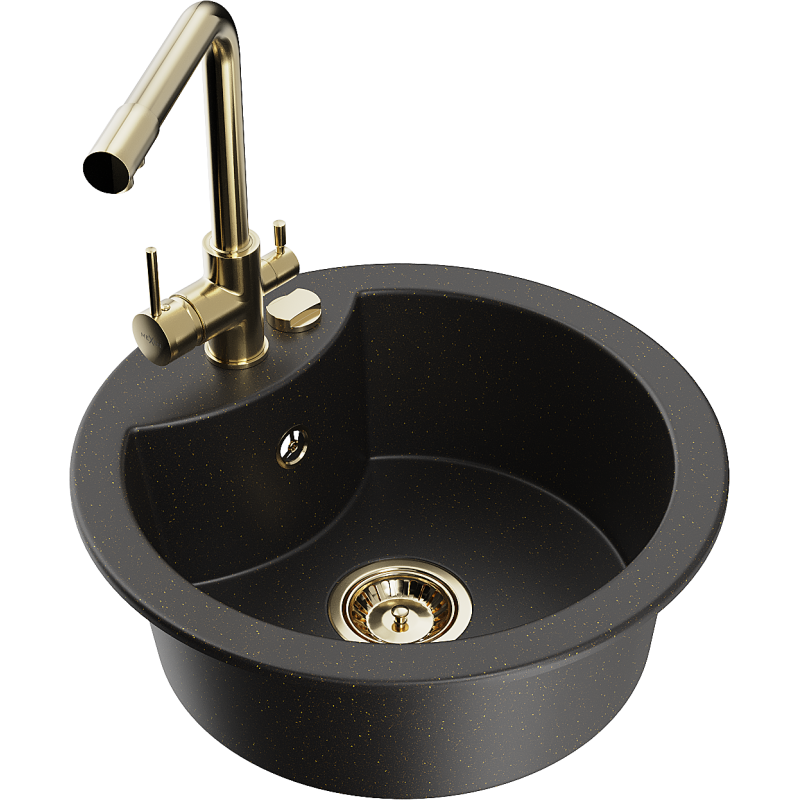 Mexen Diego Granitspüle 1-becken mit Küchenarmatur Duero, schwarz/gold metallic - 6512-75-671600-50