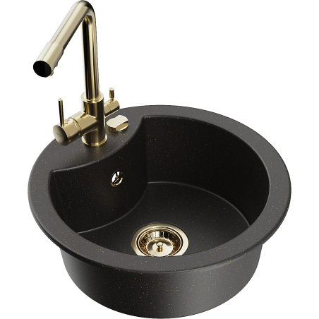 Mexen Diego Granitspüle 1-becken mit Küchenarmatur Duero, schwarz/gold metallic - 6512-75-671600-50