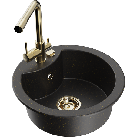 Mexen Diego Granitspüle einteilig mit Küchenarmatur Duero, schwarz/gold metallic - 6512-75-671600-50