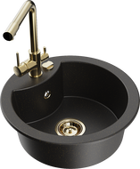 Mexen Diego Granitspüle 1-becken mit Küchenarmatur Duero, schwarz/gold metallic - 6512-75-671600-50