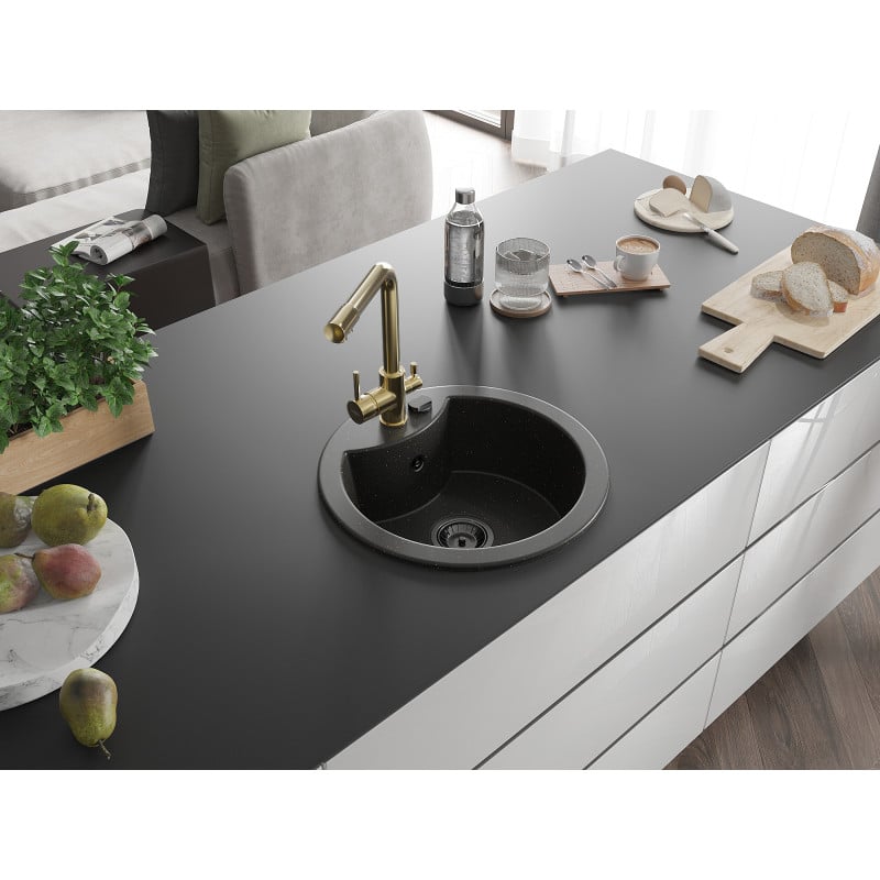 Mexen Diego Granitspüle 1-beckig mit Küchenarmatur Duero, schwarz/gold metallic - 6512-75-671600-50-B