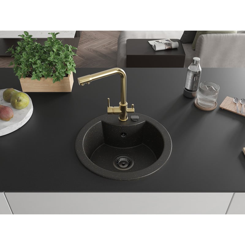 Mexen Diego Granitspüle 1-beckig mit Küchenarmatur Duero, schwarz/gold metallic - 6512-75-671600-50-B