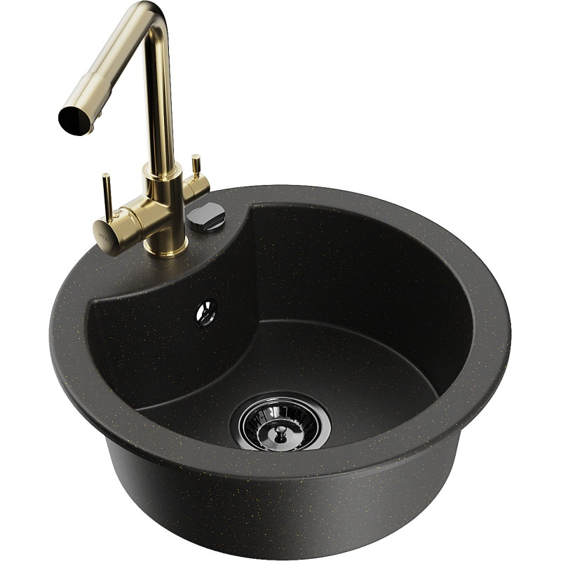 Mexen Diego granitspüle einbecken mit küchenarmatur Duero, schwarz/gold metallic - 6512-75-671600-50-B