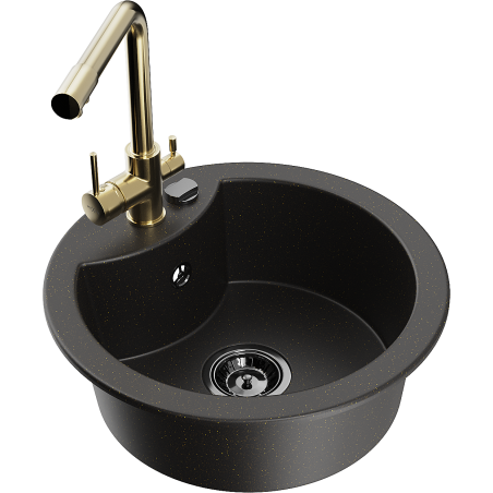 Mexen Diego granitspüle 1-becken mit küchenarmatur Duero, schwarz/gold metallic - 6512-75-671600-50-B