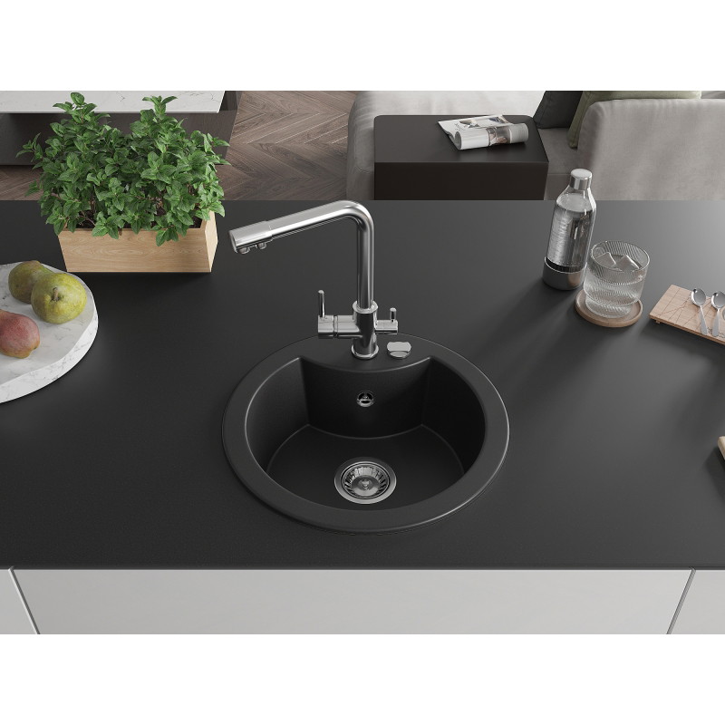 Mexen Diego Granitspüle 1-Kammer mit Küchenarmatur Duero, schwarz - 6512-77-671600-00