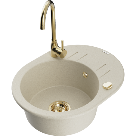 Mexen Kevin Granitspüle 1-beckig mit Abtropffläche und Küchenarmatur Telma, beige - 6517-69-670200-50
