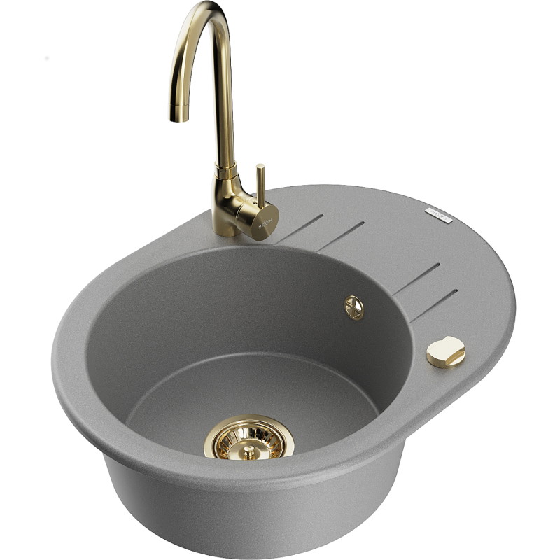 Mexen Kevin granitspüle 1-becken mit abtropffläche und küchenarmatur Telma, grau - 6517-71-670200-50