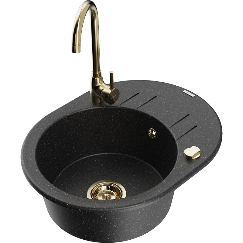 Mexen Kevin einzelner Granitspülbecken mit Abtropffläche und Küchenarmatur Telma, schwarz/silber Metallic - 6517-73-670200-50