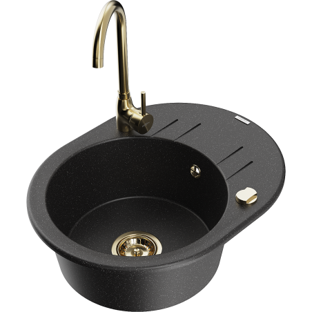 Mexen Kevin einzelner Granitspülbecken mit Abtropffläche und Küchenarmatur Telma, schwarz/silber Metallic - 6517-73-670200-50