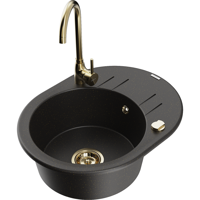 Mexen Kevin Granitspüle 1-beckig mit Abtropffläche und Küchenarmatur Telma, schwarz/gold metallic - 6517-75-670200-50