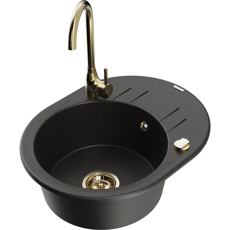 Mexen Kevin Granitspüle 1-Becken mit Abtropffläche und Küchenarmatur Telma, schwarz/goldmetallik - 6517-75-670200-50