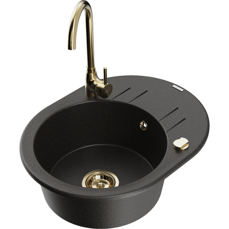Mexen Kevin Granitspüle 1-beckig mit Abtropffläche und Küchenarmatur Telma, schwarz/gold metallic - 6517-75-670200-50