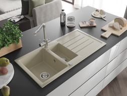 Mexen Andres Granitspüle 1,5-Becken mit Abtropffläche und Küchenarmatur Duero, beige - 6515-69-671600-00