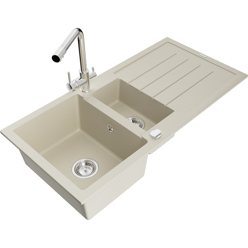 Mexen Andres Granitspüle 1,5-Becken mit Abtropffläche und Küchenarmatur Duero, beige - 6515-69-671600-00