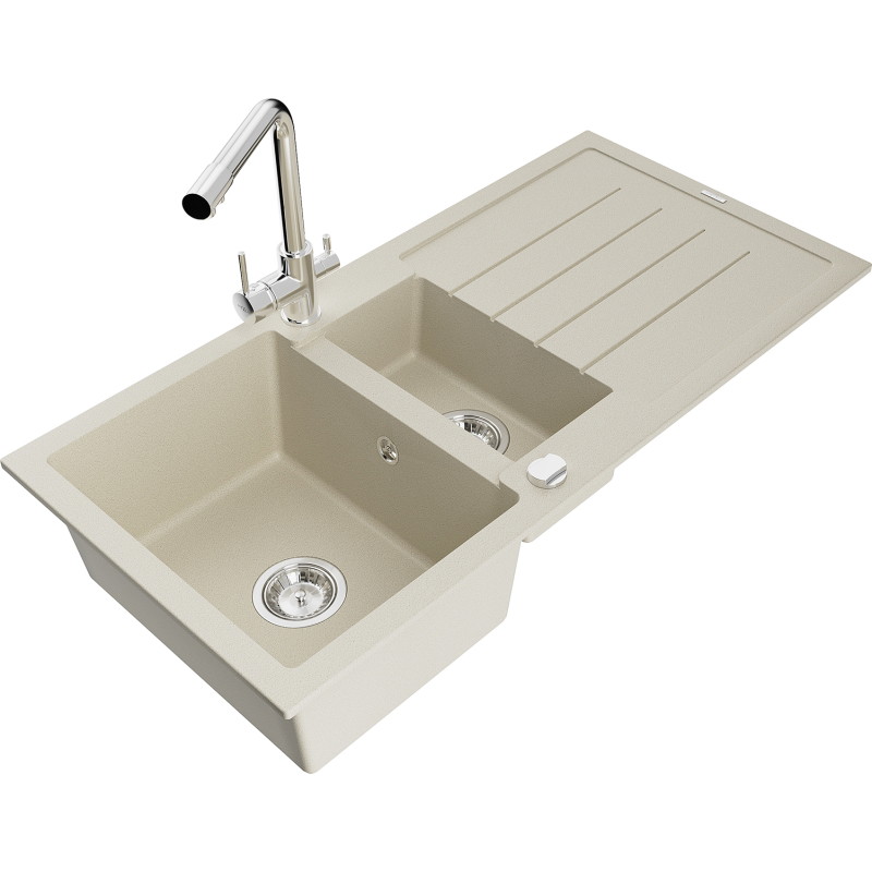 Mexen Andres Granitspüle 1,5-beckig mit Abtropffläche und Küchenarmatur Duero, beige - 6515-69-671600-00