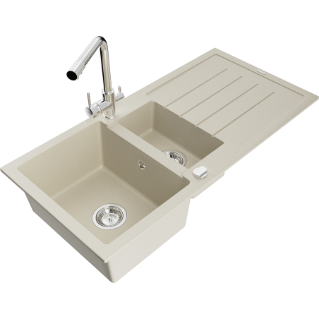 Mexen Andres Granitspüle 1,5-Becken mit Abtropffläche und Küchenarmatur Duero, beige - 6515-69-671600-00