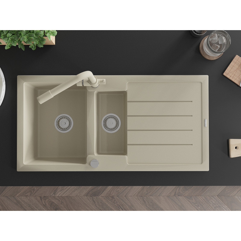 Mexen Andres Granitspüle 1,5-beckig mit Abtropffläche und Küchenarmatur Duero, beige - 6515-69-671600-69