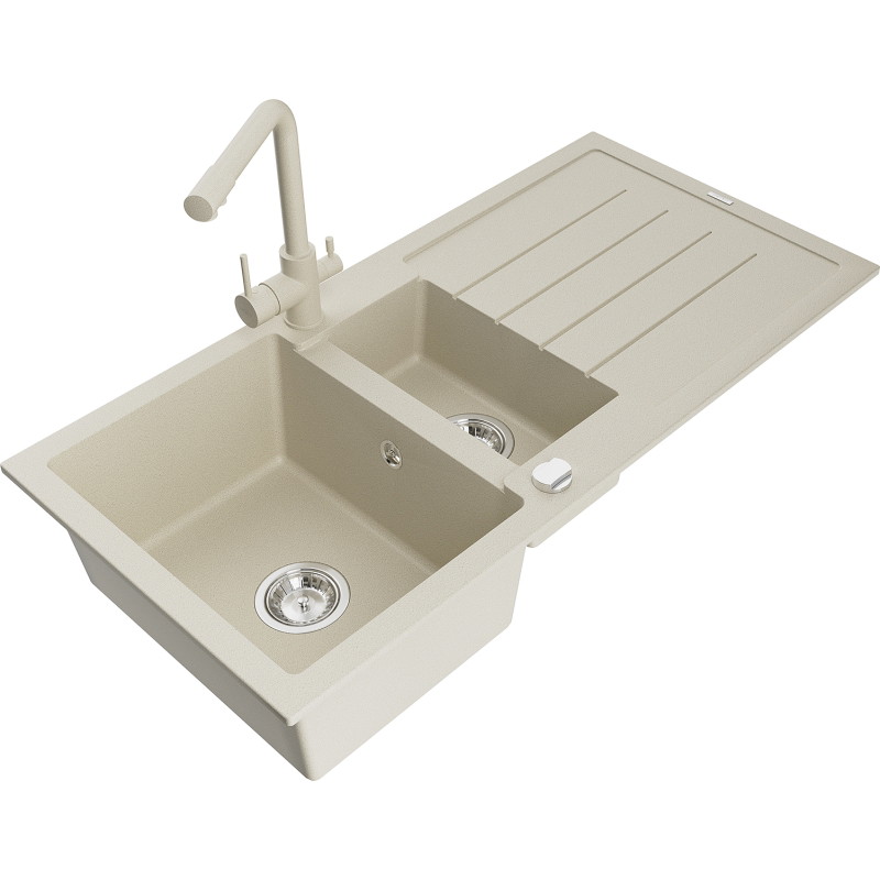 Mexen Andres Granitspüle 1,5-becken mit Abtropffläche und Küchenarmatur Duero, beige - 6515-69-671600-69