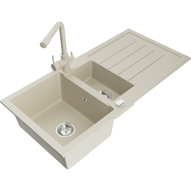Mexen Andres Granitspüle 1,5-beckig mit Abtropffläche und Küchenarmatur Duero, beige - 6515-69-671600-69