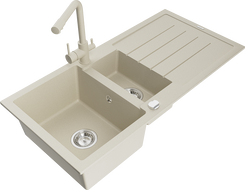 Mexen Andres Granitspüle 1,5-beckig mit Abtropffläche und Küchenarmatur Duero, beige - 6515-69-671600-69