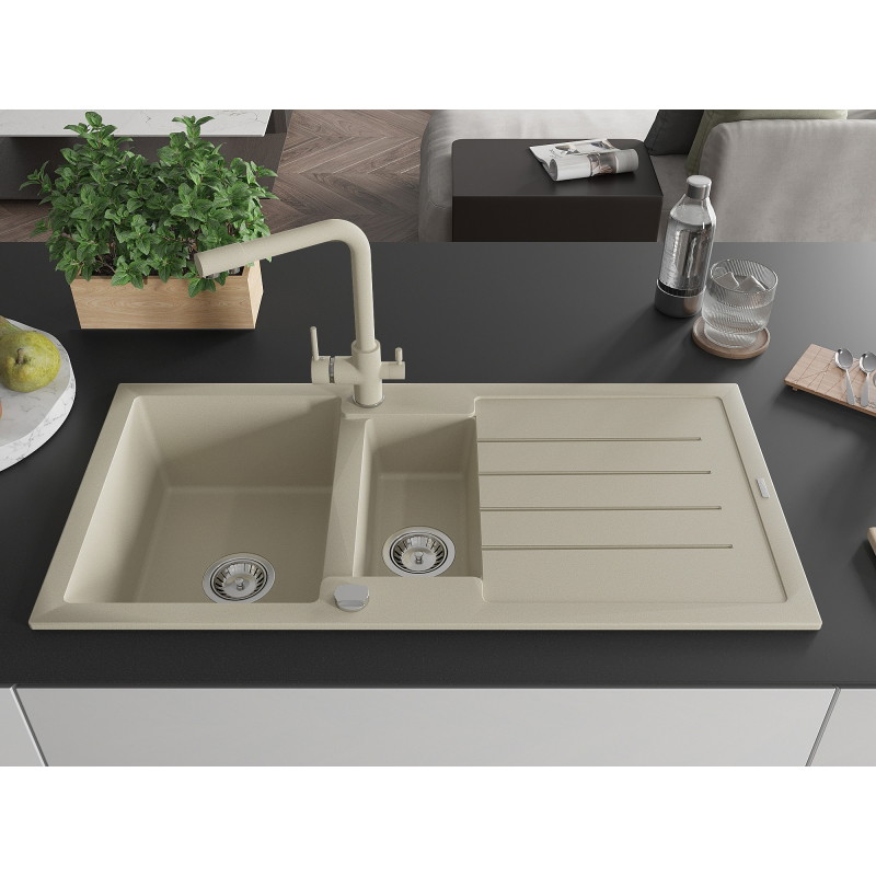 Mexen Andres Granitspüle 1,5-becken mit Abtropffläche und Küchenarmatur Duero, beige - 6515-69-671600-69