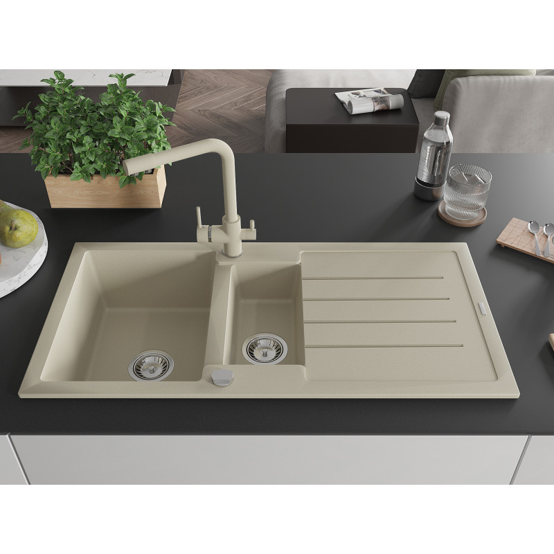 Mexen Andres Granitspüle 1,5-beckig mit Abtropffläche und Küchenarmatur Duero, beige - 6515-69-671600-69