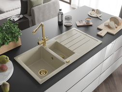 Mexen Andres granitspüle 1,5-becken mit abtropffläche und küchenarmatur Duero, beige - 6515-69-671600-50