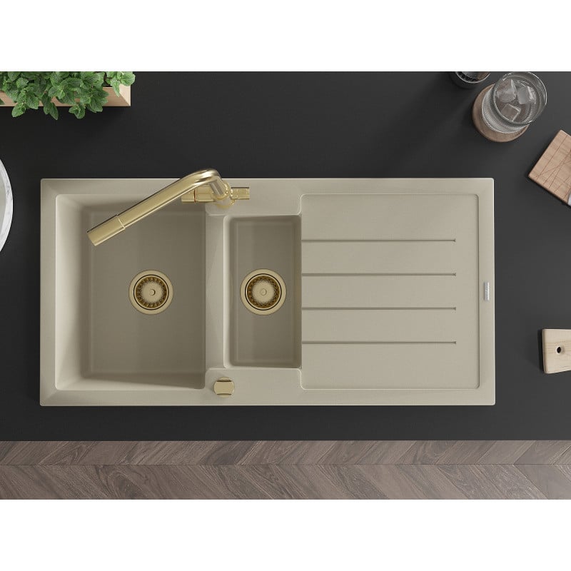 Mexen Andres Granitspüle 1,5-becken mit Abtropfbereich und Küchenarmatur Duero, beige - 6515-69-671600-50