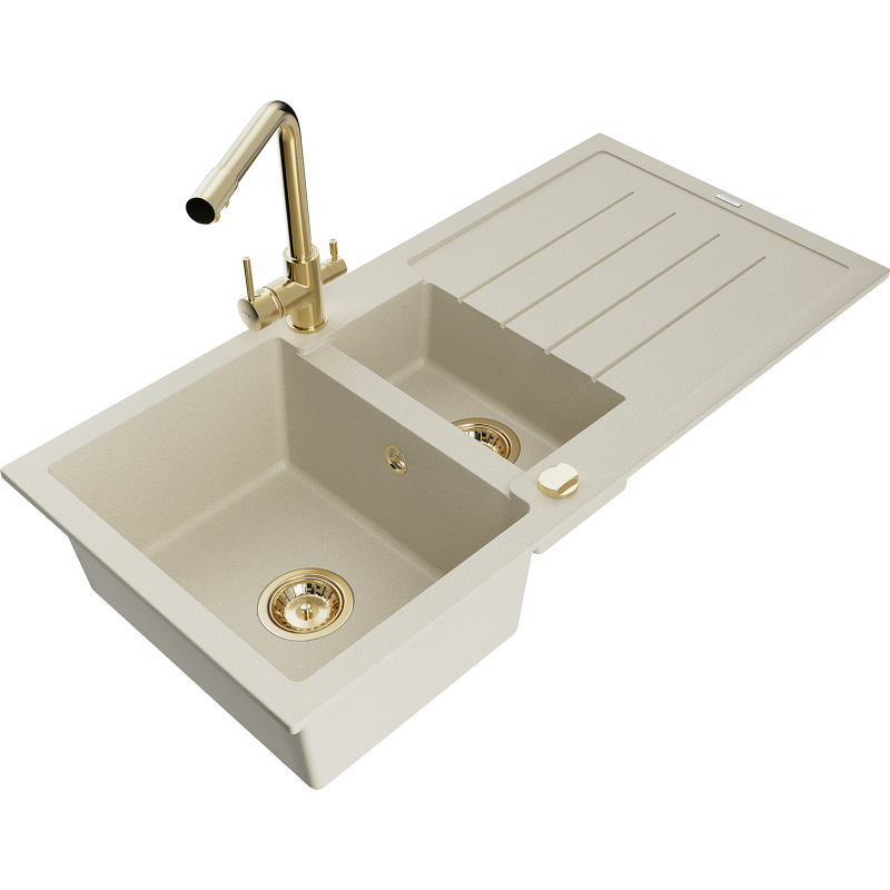 Mexen Andres Granitspüle 1,5-becken mit Abtropfbereich und Küchenarmatur Duero, beige - 6515-69-671600-50